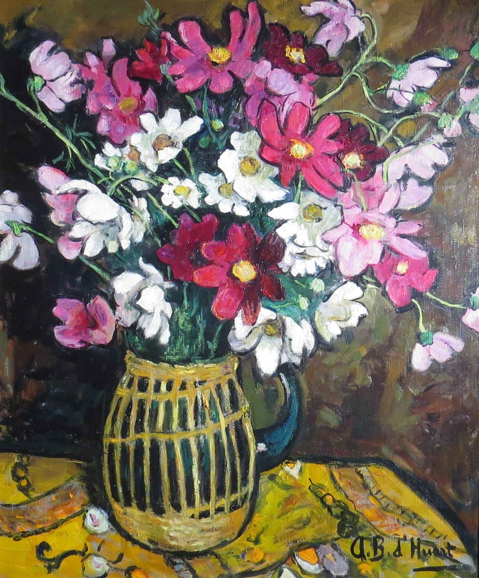 Adrienne B. D’Huart. Nature morte aux fleurs. Huile sur toile. Signée. 65 x 54 cm. -