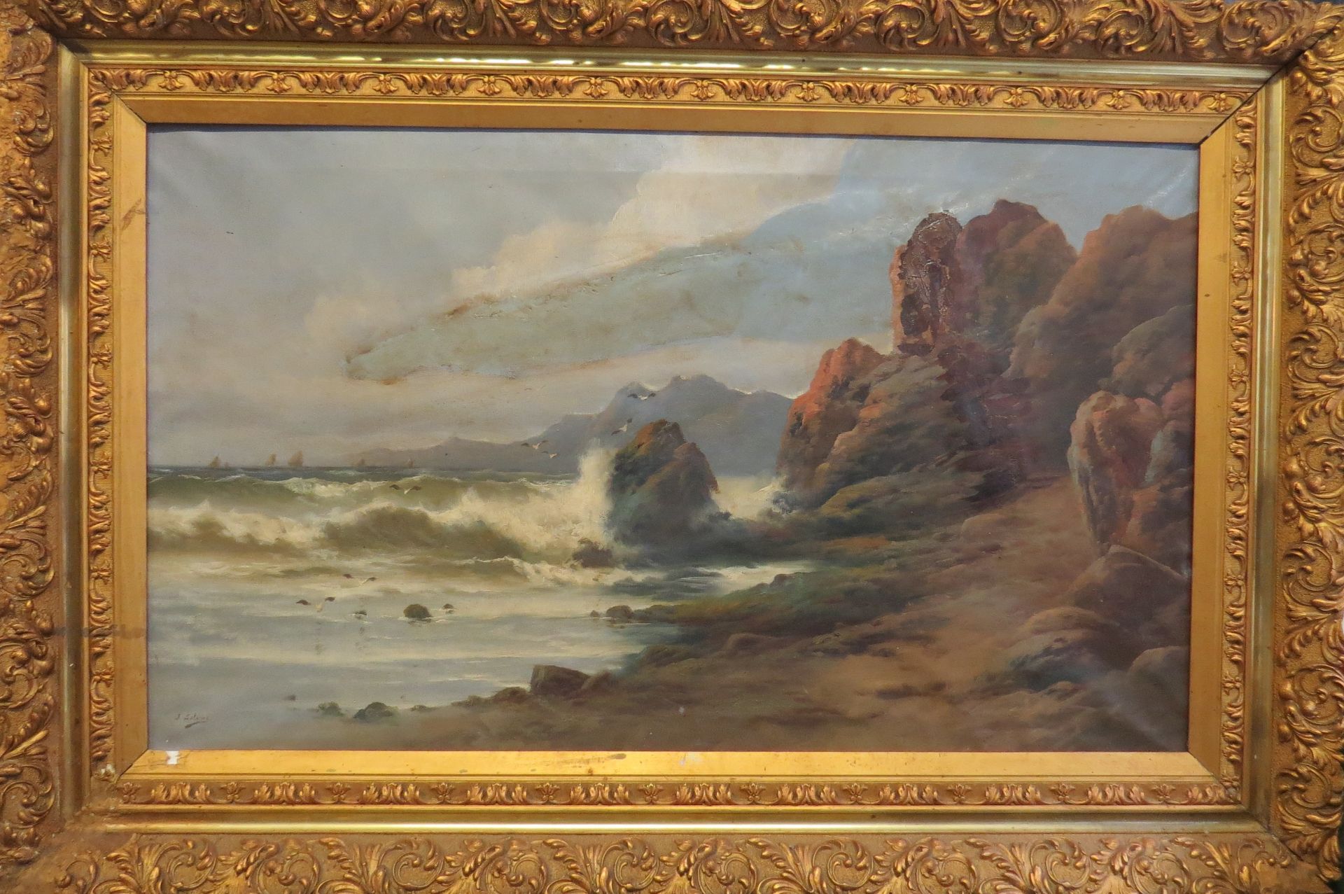 J. Eteve. Marine. XIXème. Huile sur toile. 100 x 59 cm. (Restaurations). - - Bild 2 aus 2