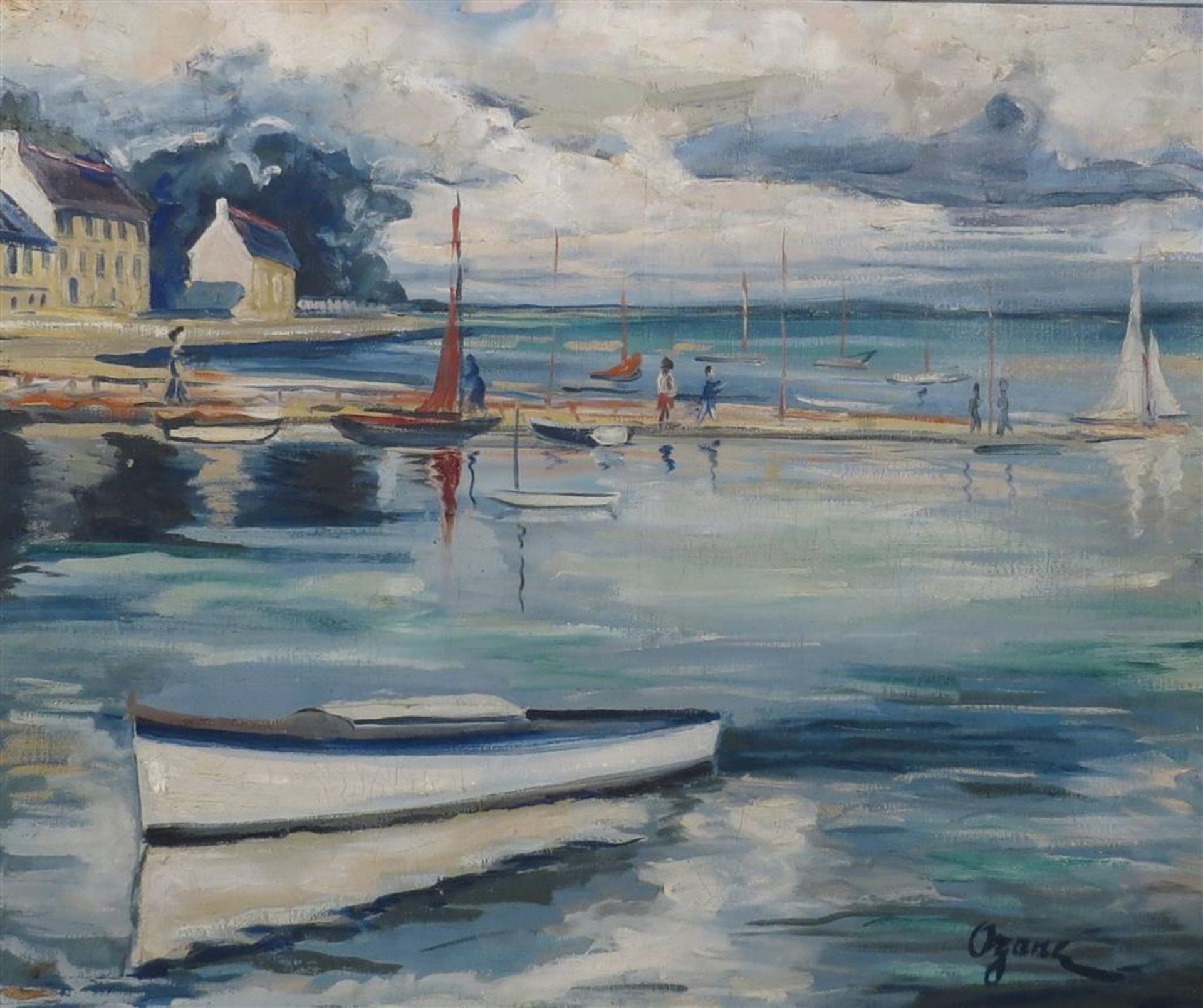 Ozane. Bord de mer animé. HSToile. Signée. 54 x 65 cm. -