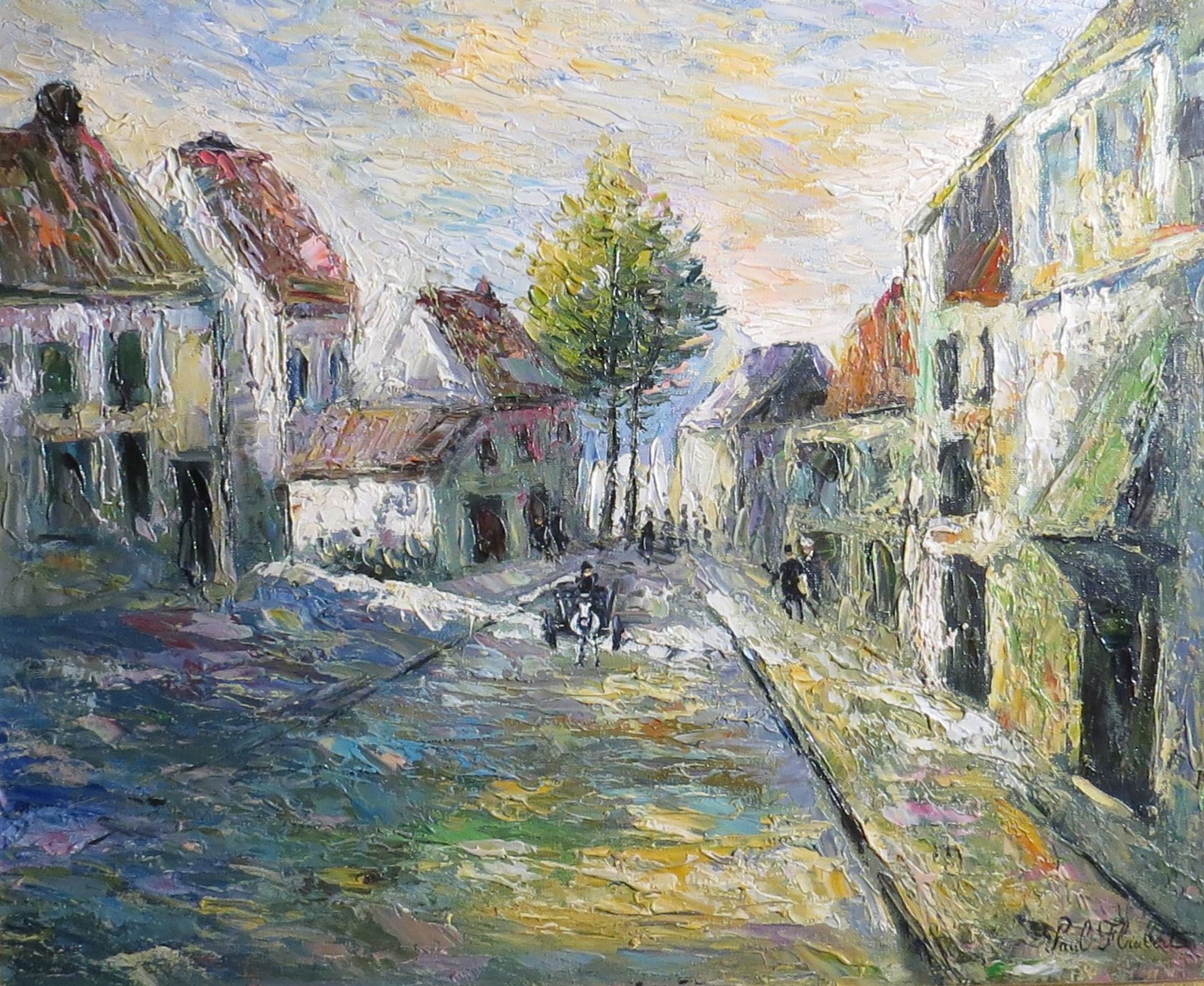 Paul Flaubert. Rue de ville animée. Huile sur toile. Signée. 38 x 46 cm. -