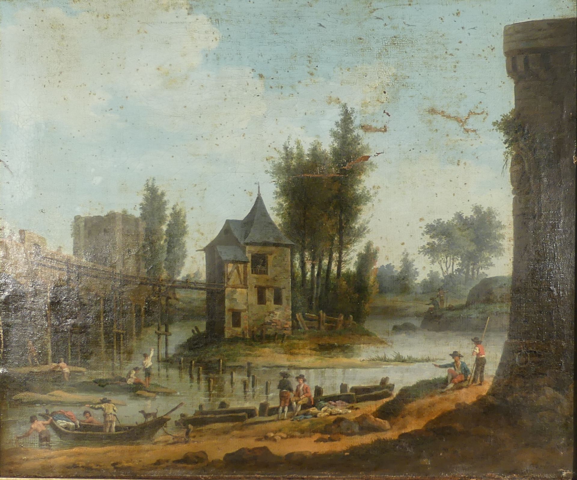 Jacques Bertaux (1745-1818). Huile sur toile XVIIIème. Paysage animé. Signé [...]