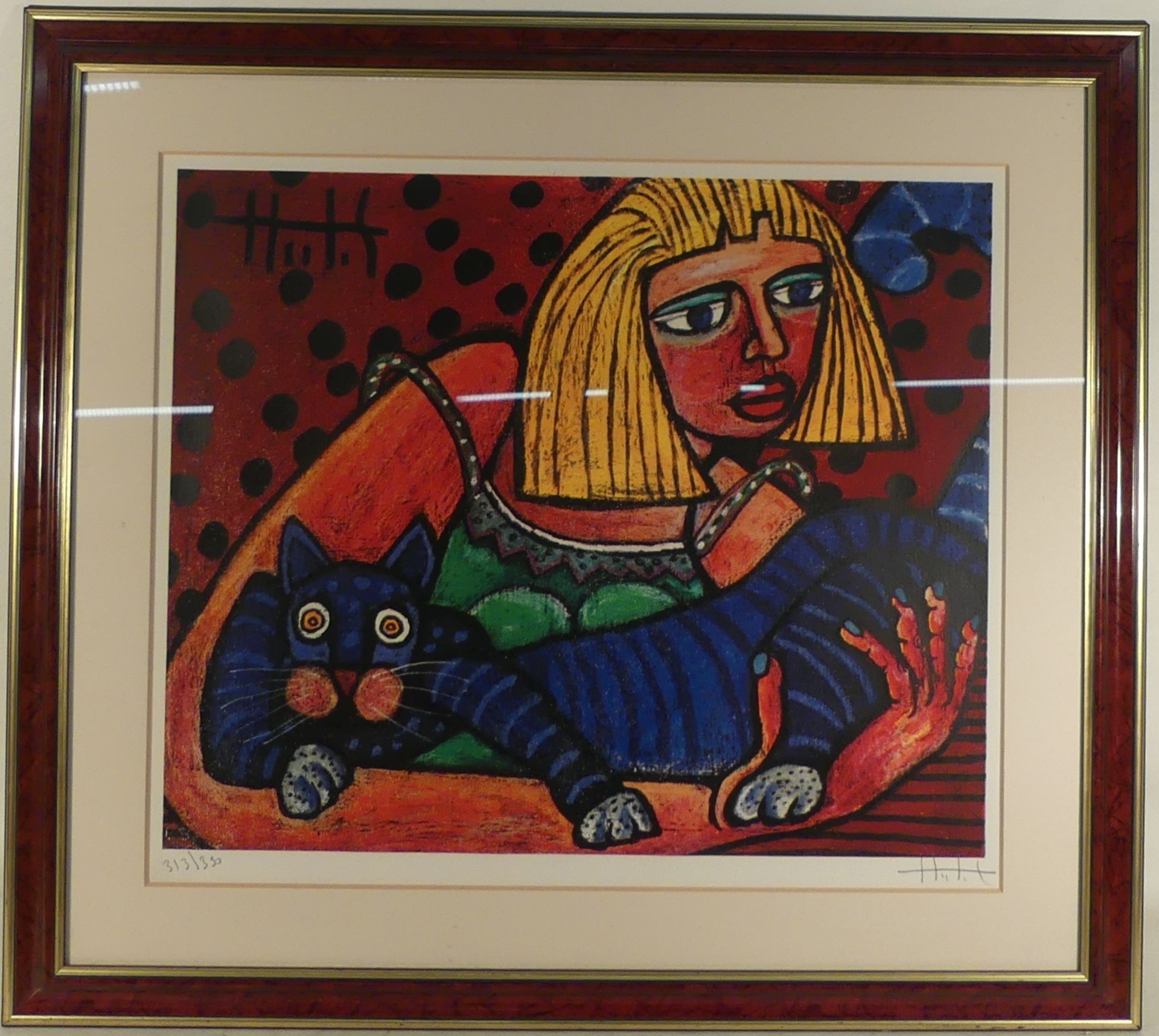 Judikaël. Femme et chat. Sérigraphie. Signée et justifiée. 45 x 54 cm. -