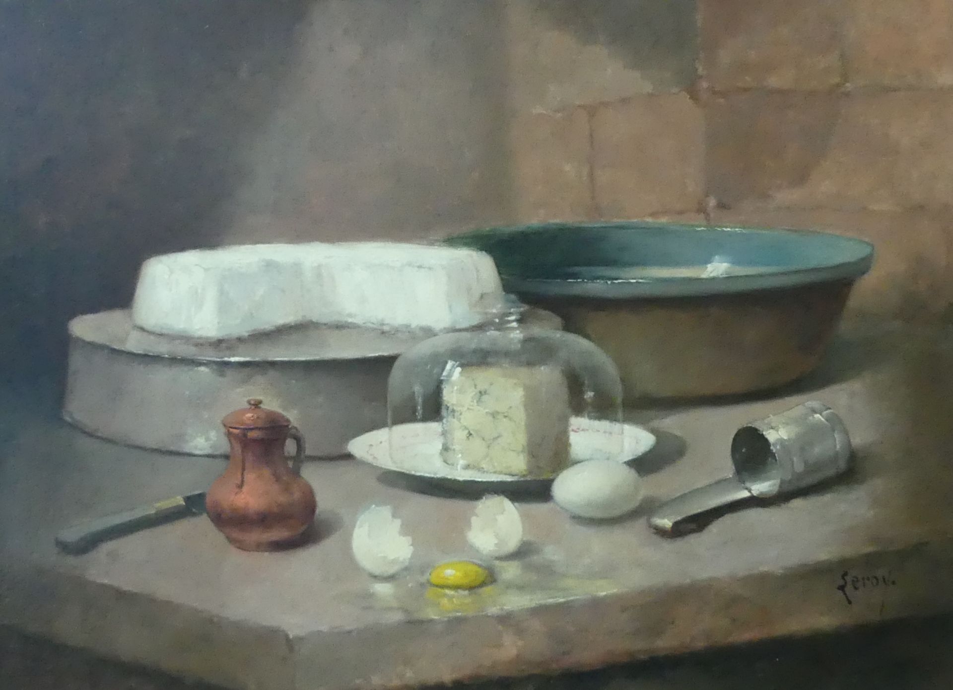 Leroy , Nature morte au fromage et oeufs , Huile sur toile signée , 60 x 81 cm -