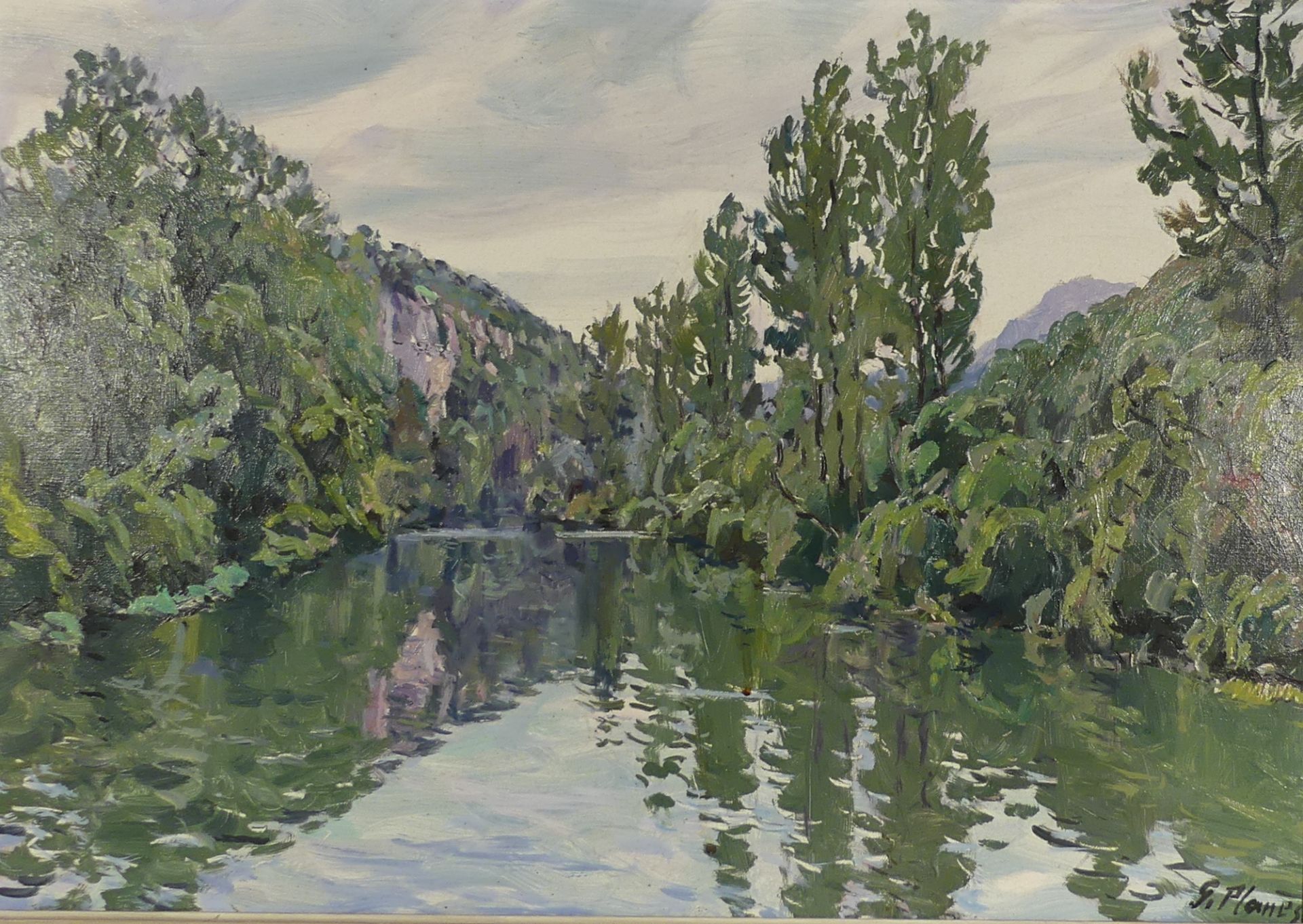 Georges Planès. Paysage à la rivière, la Loue. Signée 46 x 65 cm. -