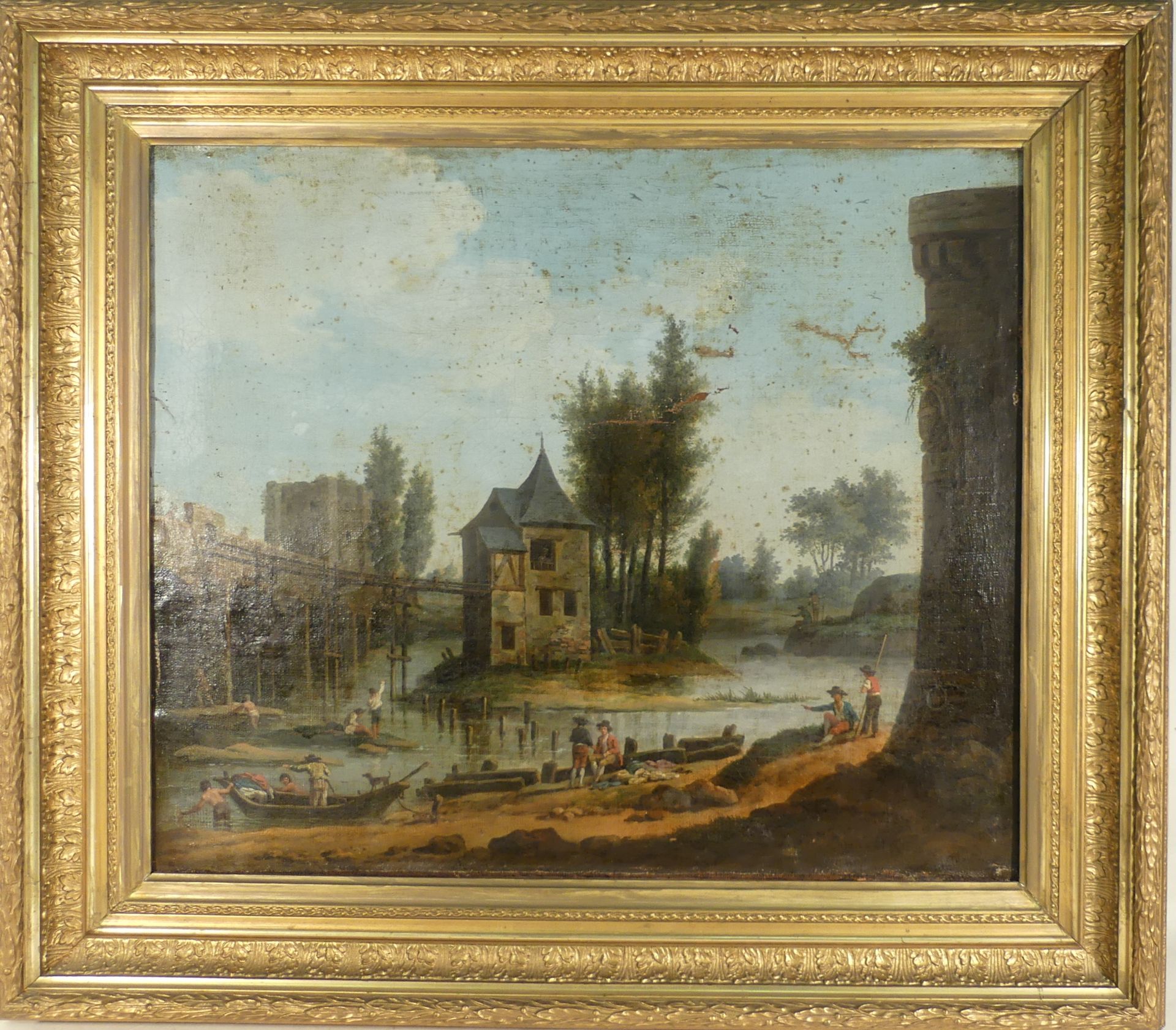 Jacques Bertaux (1745-1818). Huile sur toile XVIIIème. Paysage animé. Signé [...] - Bild 2 aus 4