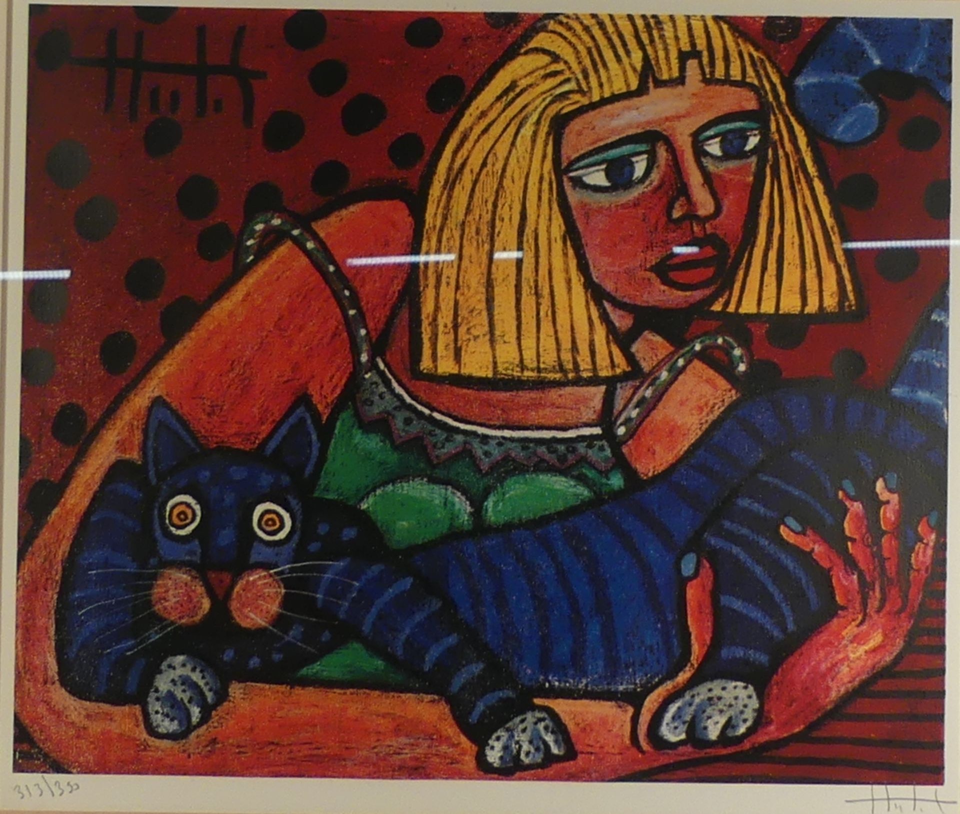 Judikaël. Femme et chat. Sérigraphie. Signée et justifiée. 45 x 54 cm. - - Bild 2 aus 4