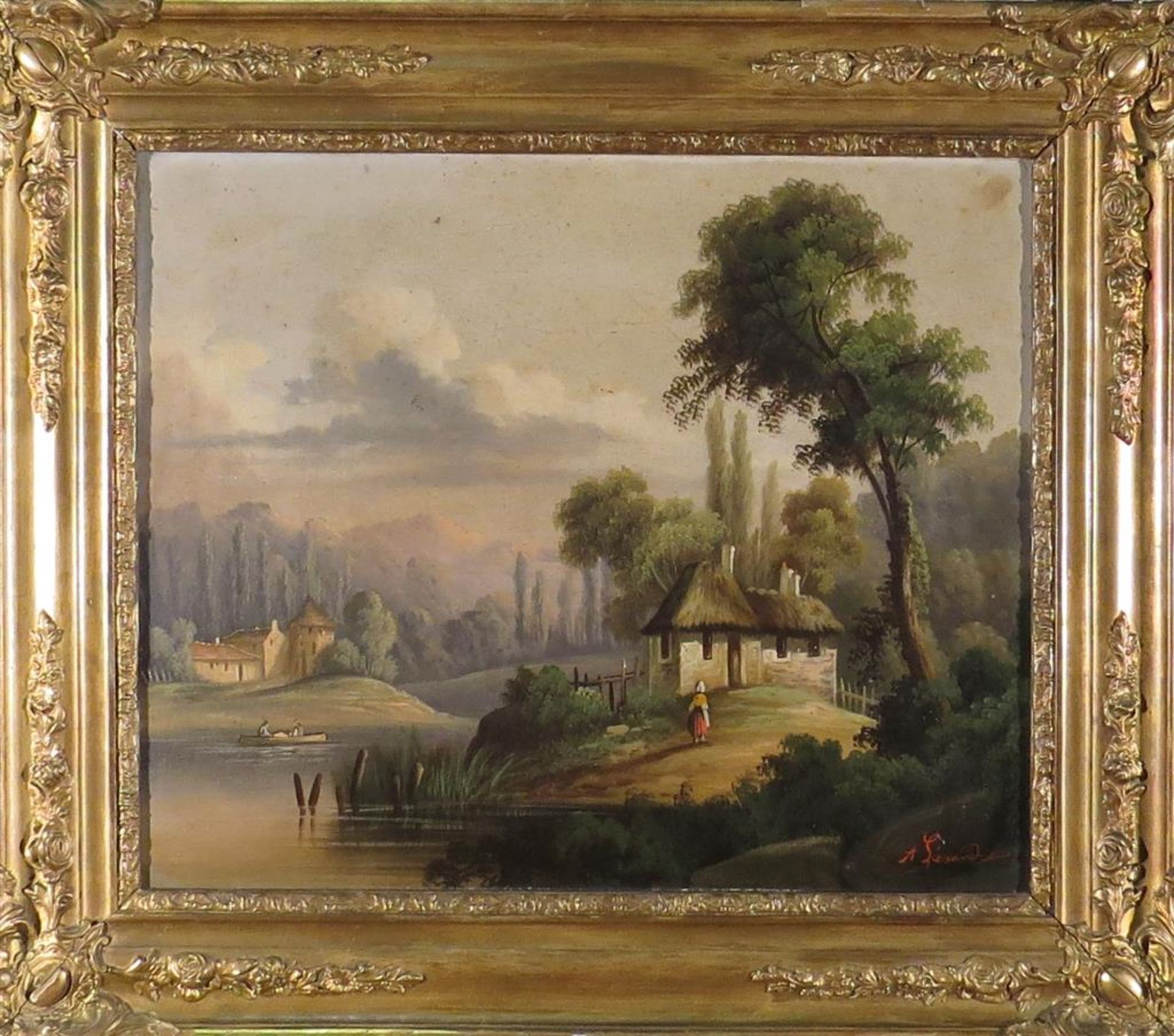 Ecole XIXème. Paysage animé. Huile sur toile. Porte une signature. 36 x 44 cm. - - Bild 4 aus 4