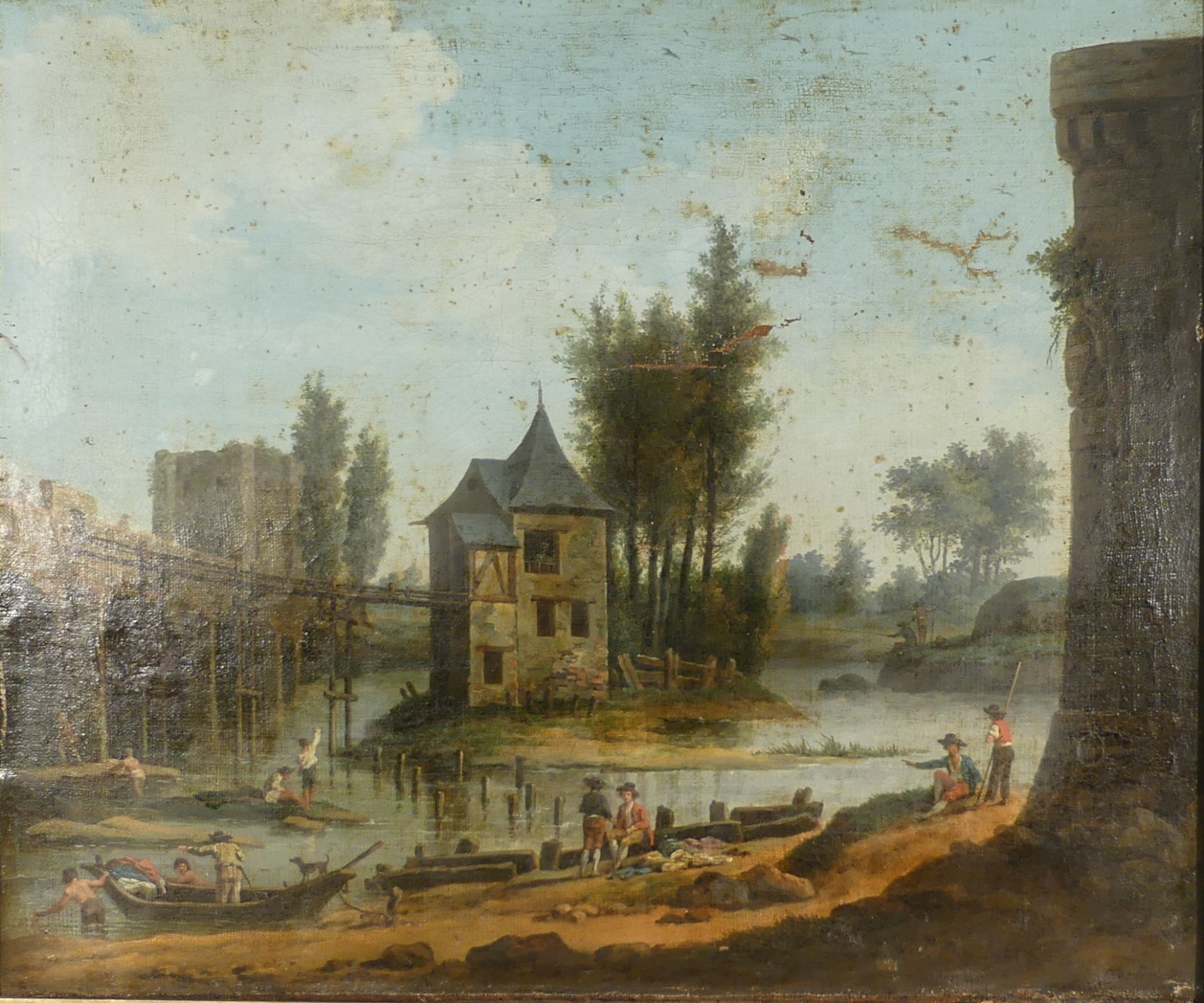 Jacques Bertaux (1745-1818). Huile sur toile XVIIIème. Paysage animé. Signé [...] - Bild 3 aus 4