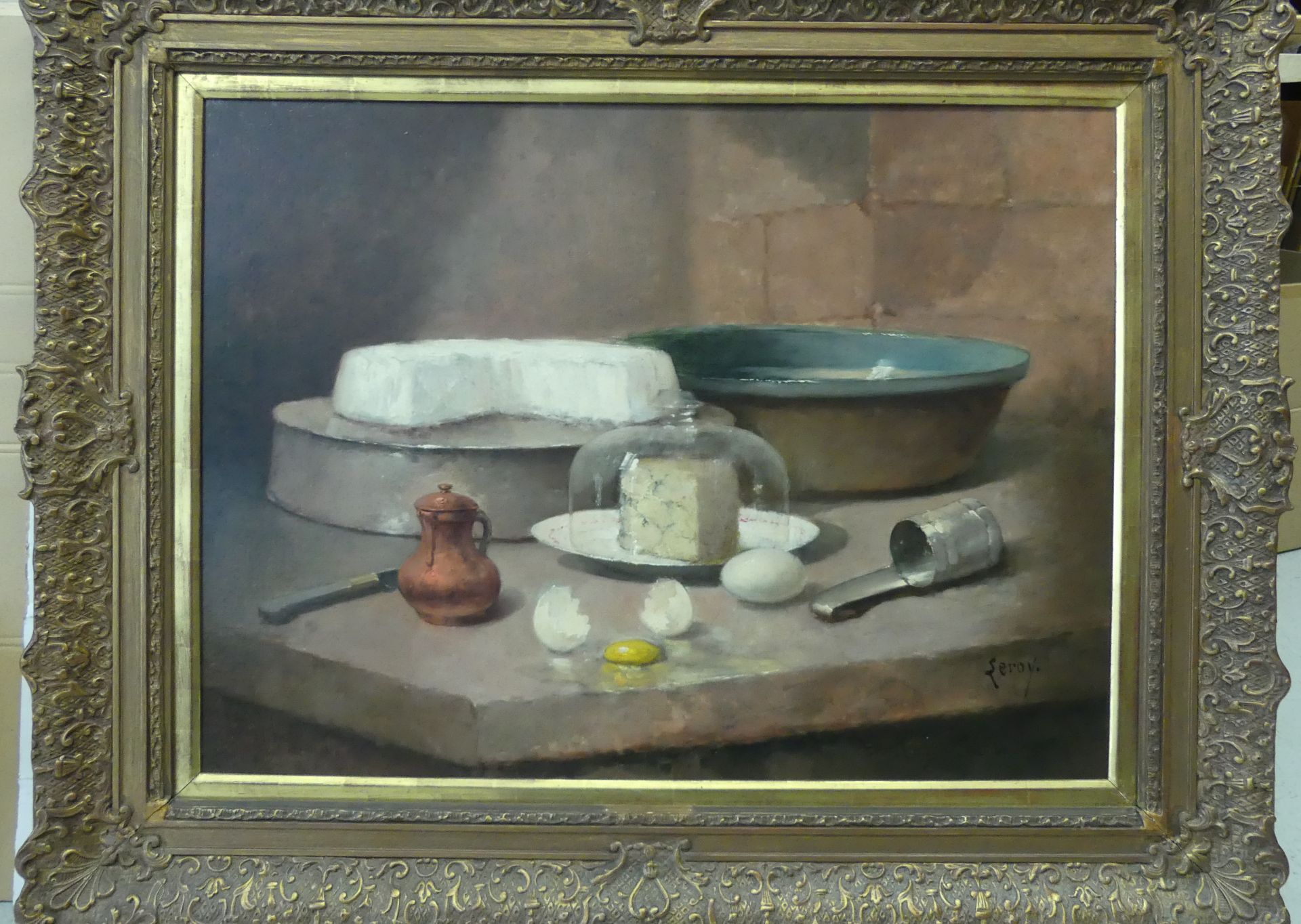 Leroy , Nature morte au fromage et oeufs , Huile sur toile signée , 60 x 81 cm - - Bild 2 aus 2