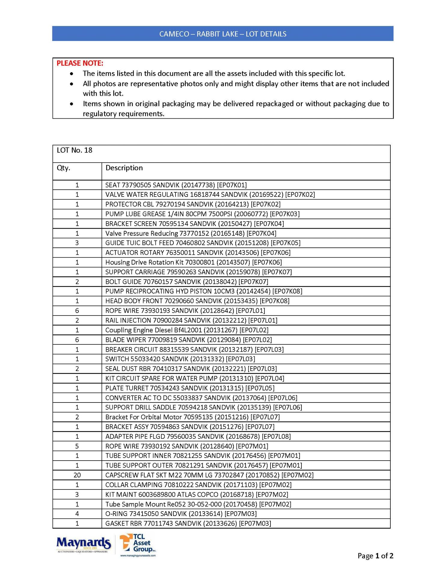 misc. mobile mining equipment spare parts, etc. (please see attached for detailed lot list. NOTE: - Image 2 of 3