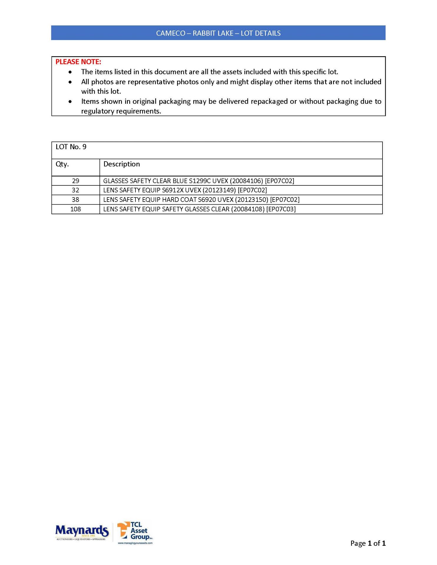 misc. safety glasses and lenses, etc. (please see attached for detailed lot list. NOTE: quantities - Image 2 of 2