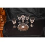 A Waterford Crystal Ships Decanter and Four Waterford Wine Glasses