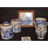 A Lot Of Three Blue and White Containers, Plaque and Vase