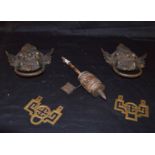 Two Unusual Mask Handles, Rattle and Two Brass Plates