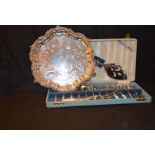 A Cased Set of Dessert Spoons and Forks and a Silver Plated Footed Card Tray