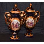 A Very Nice Pair of Large Lidded, Two Handled Decorated and Gilted Jars