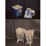 An Unusual Pair of Crystal Vases and a Blue and White Flower Pot and a Similar Figurine of an