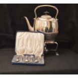 A Silver Plated Spirit Kettle on Stand and a Set of Cased Teaspoons