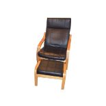 A Beechwood Framed Leather Chair and Matching Stool