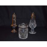 A Waterford Crystal Preserve Jar, Tyrone Crystal Sugar Shaker and An EPNS Sugar Shaker