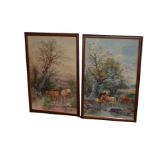 A Very Nice Pair of Framed Watercolours 'Cattle in the River' - J Rowden