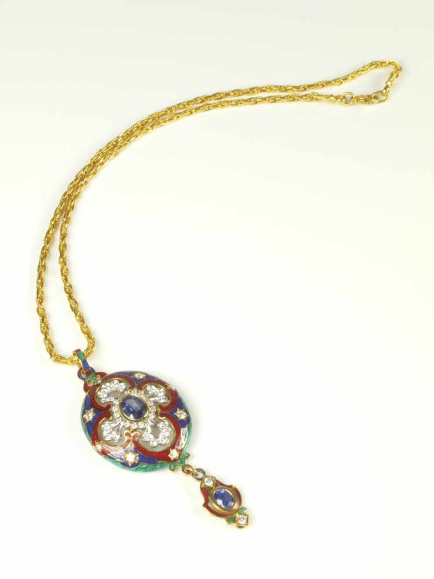 Wertvolles Collier in GG mit Brillanten und Saphiren in Emaille Fassung 20. Jhd.