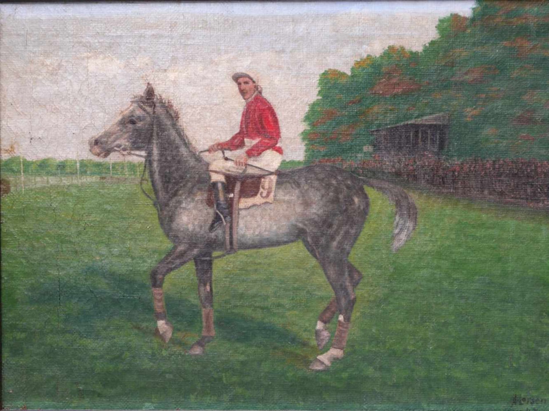 Sig. A. Larsen - Jockey auf Pferd wohl England um 1900Typische Darstellung eines Jockeys auf einem - Bild 2 aus 6