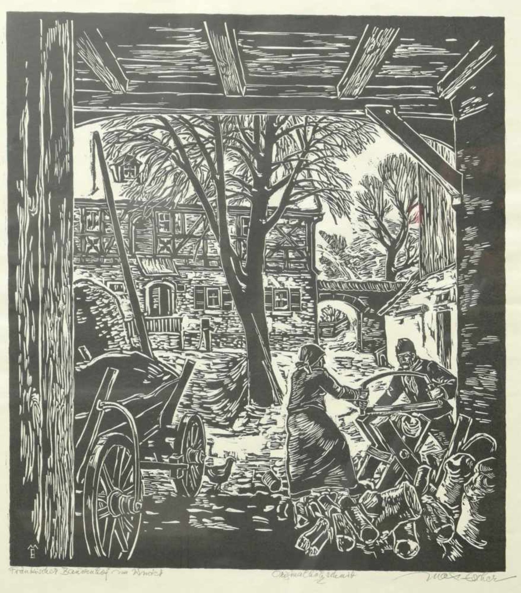 Escher, Max (1901-1976) - Fränkischer Bauernhof in Winter HolzschnittBlick auf einen großen