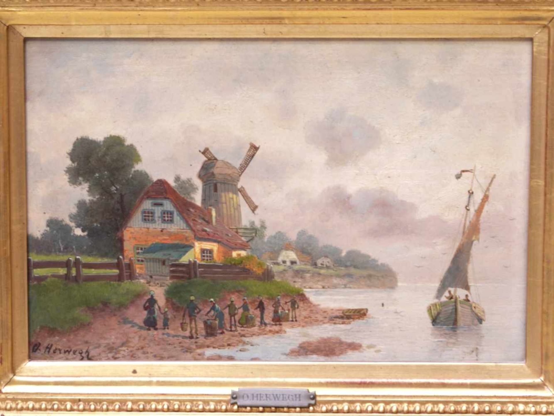 Sig. Herwegh, O - Holländische KüstenlandschaftAn einem ruhigen Ufer liegendes Gehöft mit Windmühle, - Bild 2 aus 5