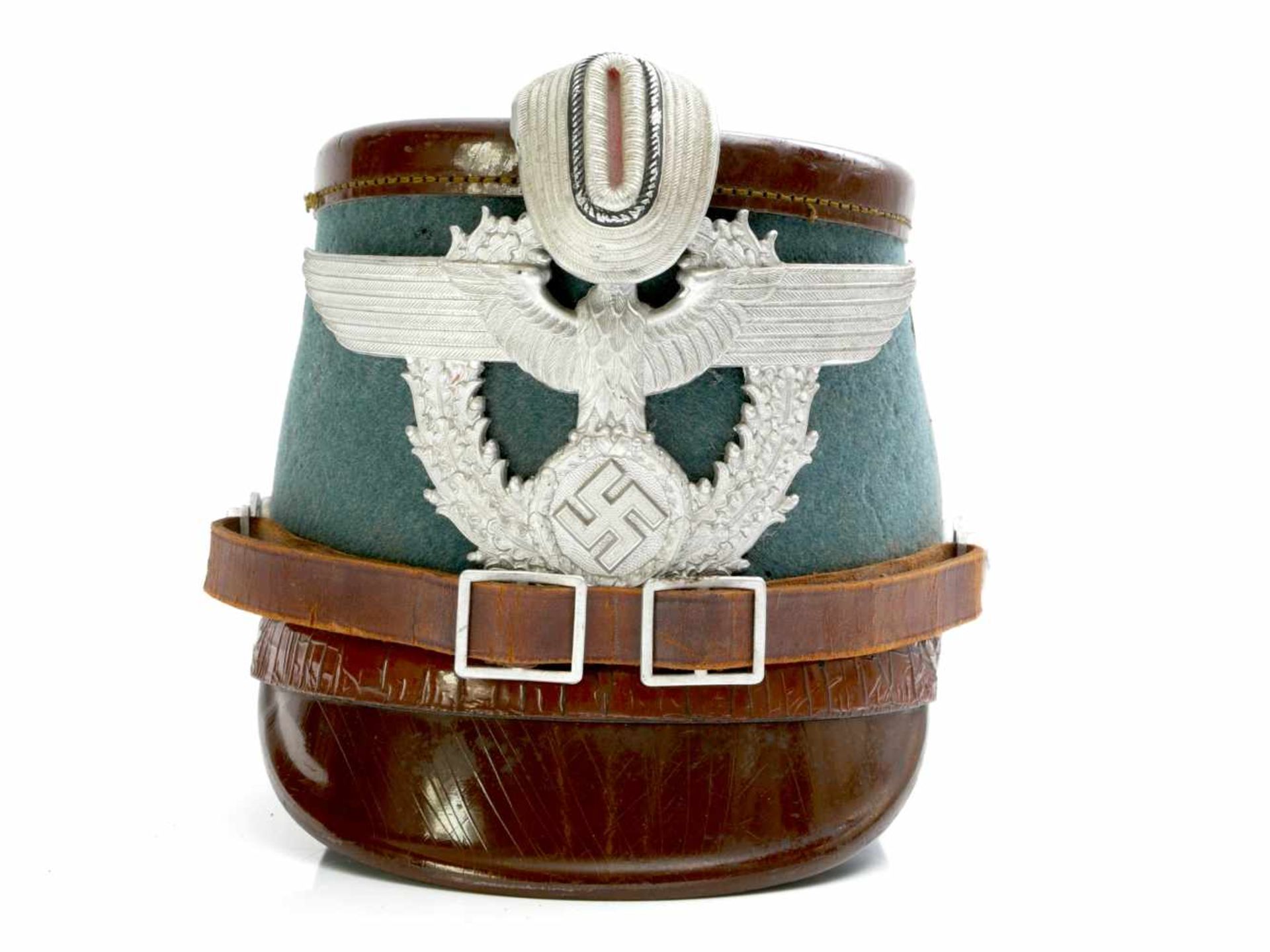 Tschako Mannschaften Gendarmerie Berlin 3. ReichFiberglas Helm, braunes Lackleder mit grünem - Bild 2 aus 4