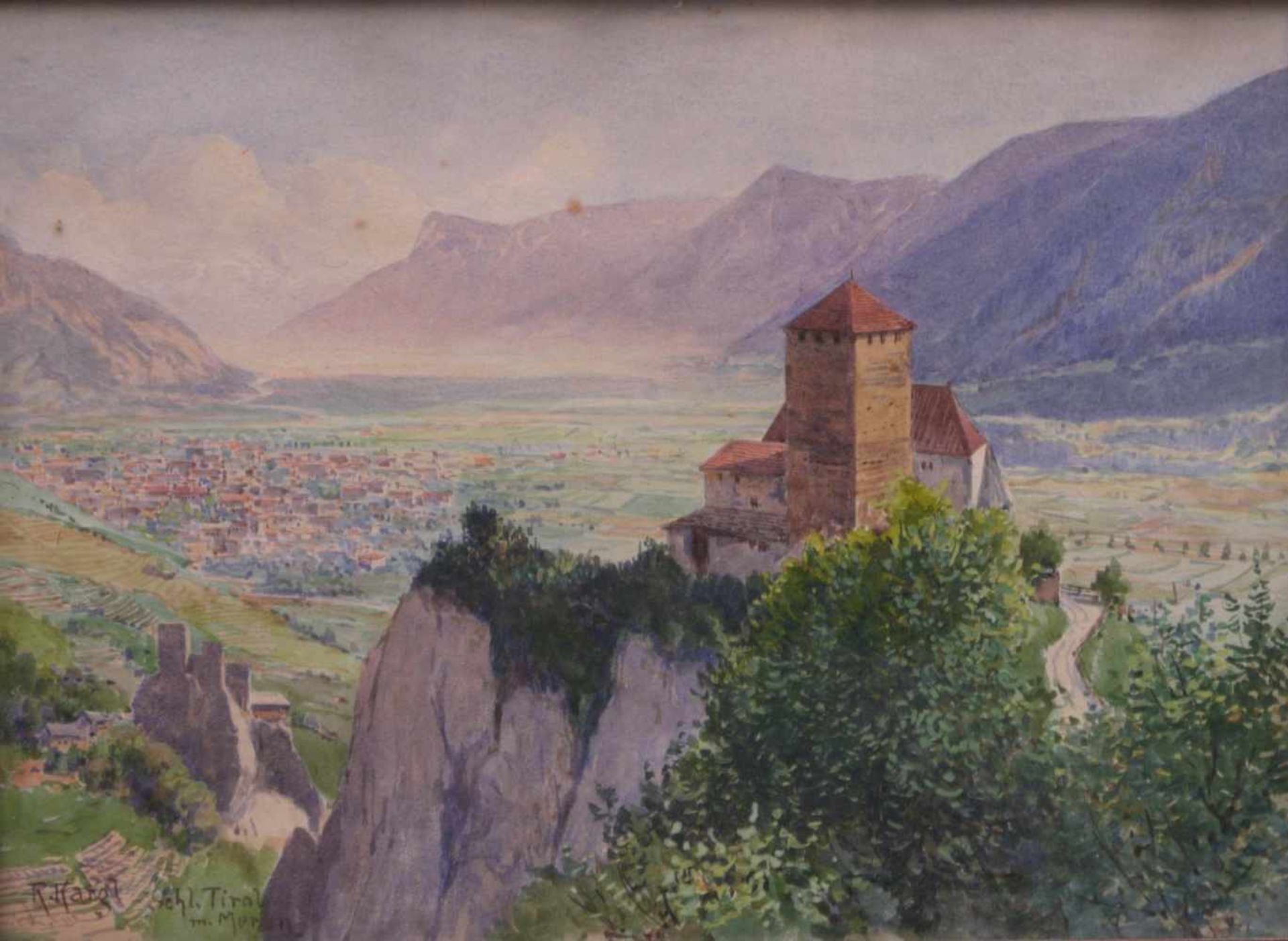 Kargl, Rudolf (1878-1942) - Schloss Tirol mit MeranKleines Querformat, hinter der charakteristischen - Bild 2 aus 4