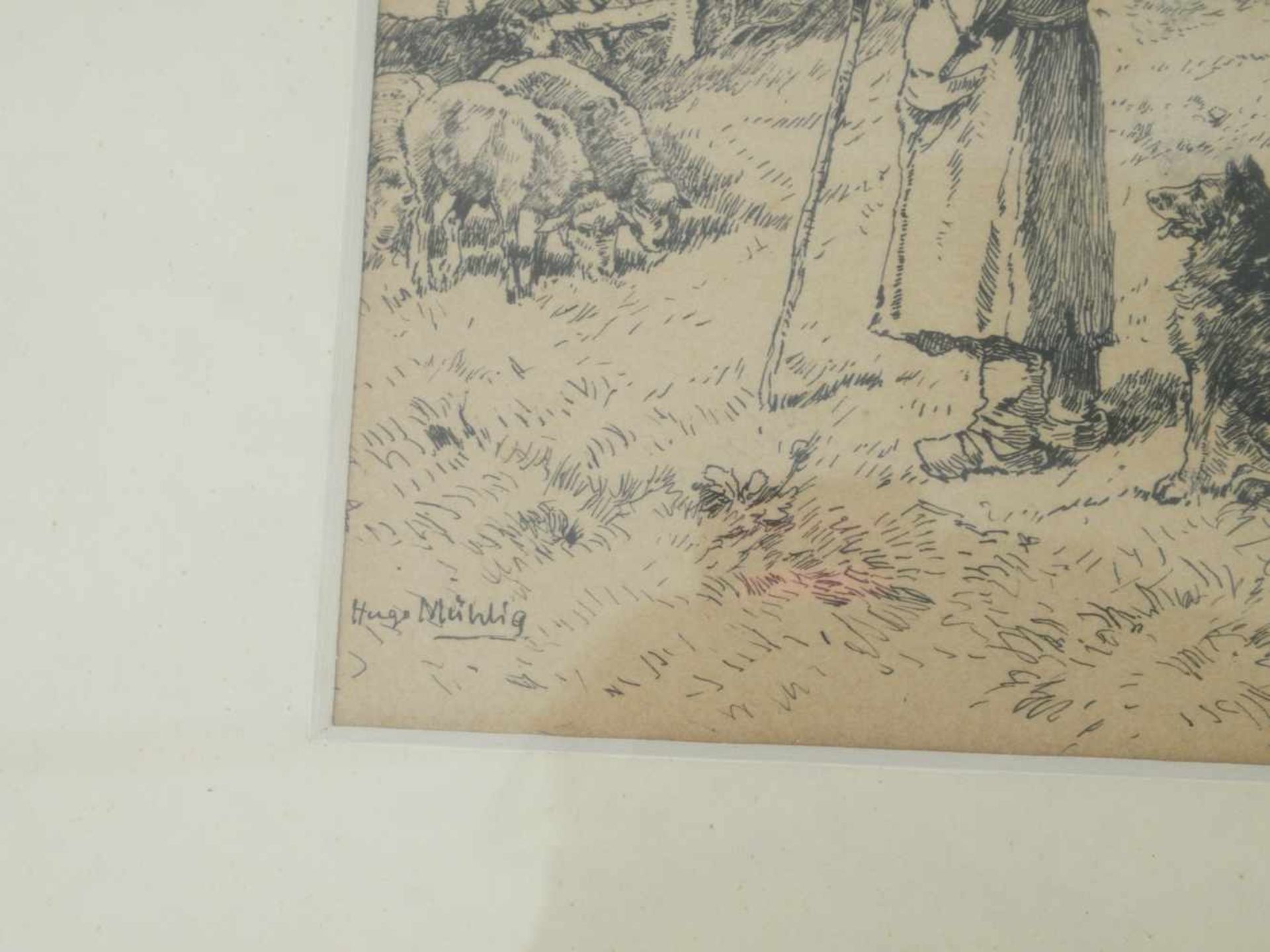 Mühlig, Hugo (1854-1929) - Tuschezeichnung HirteAuf gebräuntem Papier in feinem Strich gefertigte - Bild 3 aus 5