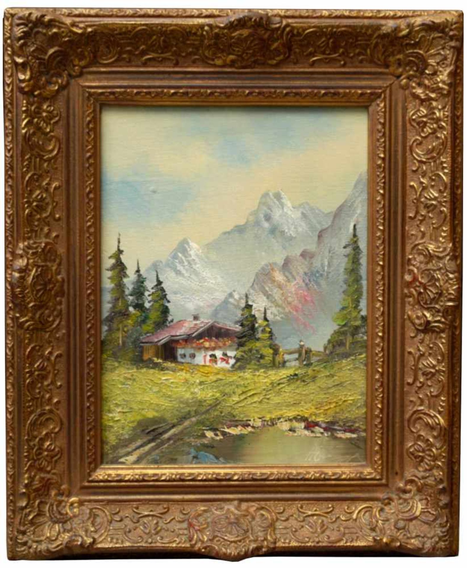 Hönigl, Peggy L. (1937) - BergbauernhofHochformatige Darstellung, am Fuße von steilen