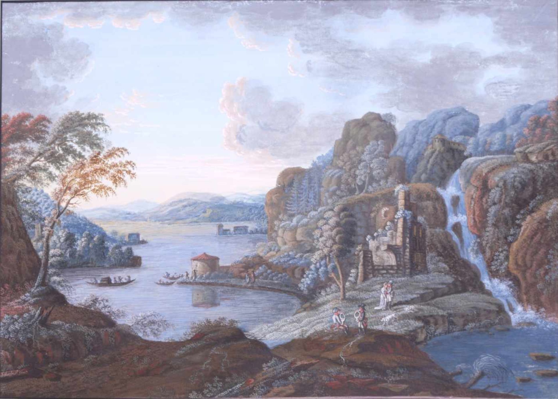 sig. Schubert - Romantische Landschaft 19. Jhd.Ideallandschaft an einer bewegten Meeresbucht mit - Bild 2 aus 7