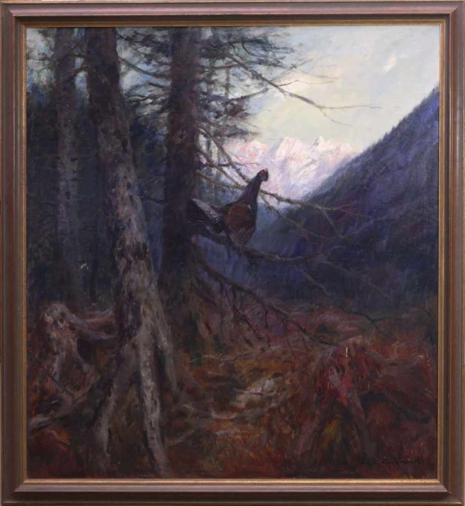 Dombrowski, Carl Ritter von (1872-1951) - Balzender AuerhahnAuf den kahlen Zweigen einer Lärche