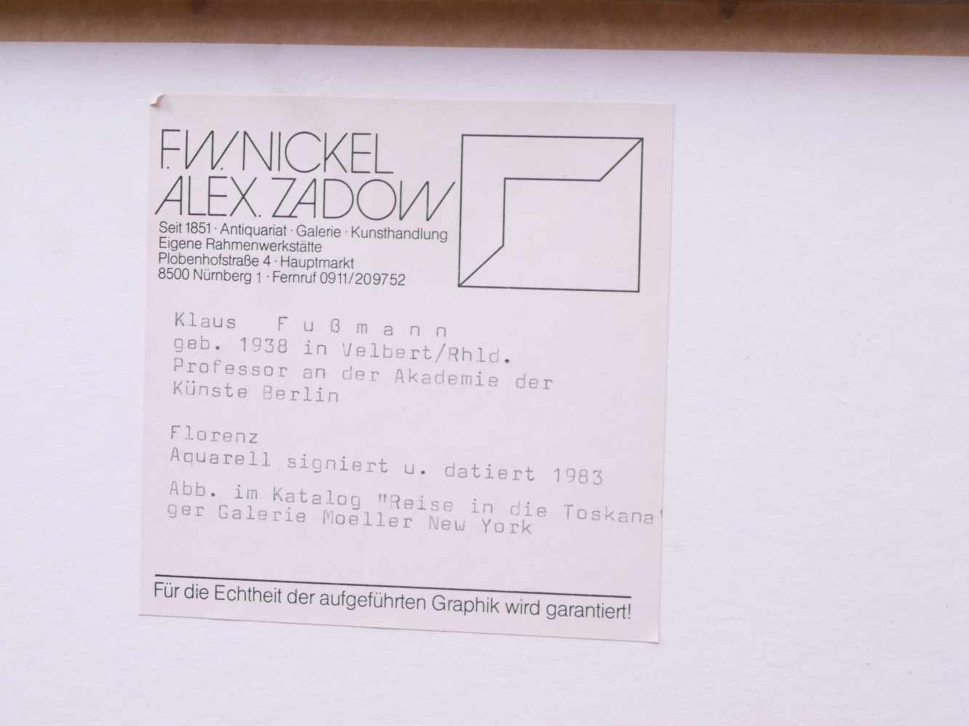Fußmann, Klaus (1938) - Florenz Aquarell 1983Seltene Landschaftsdarstellung des Künstlers. Florenz - Bild 5 aus 5