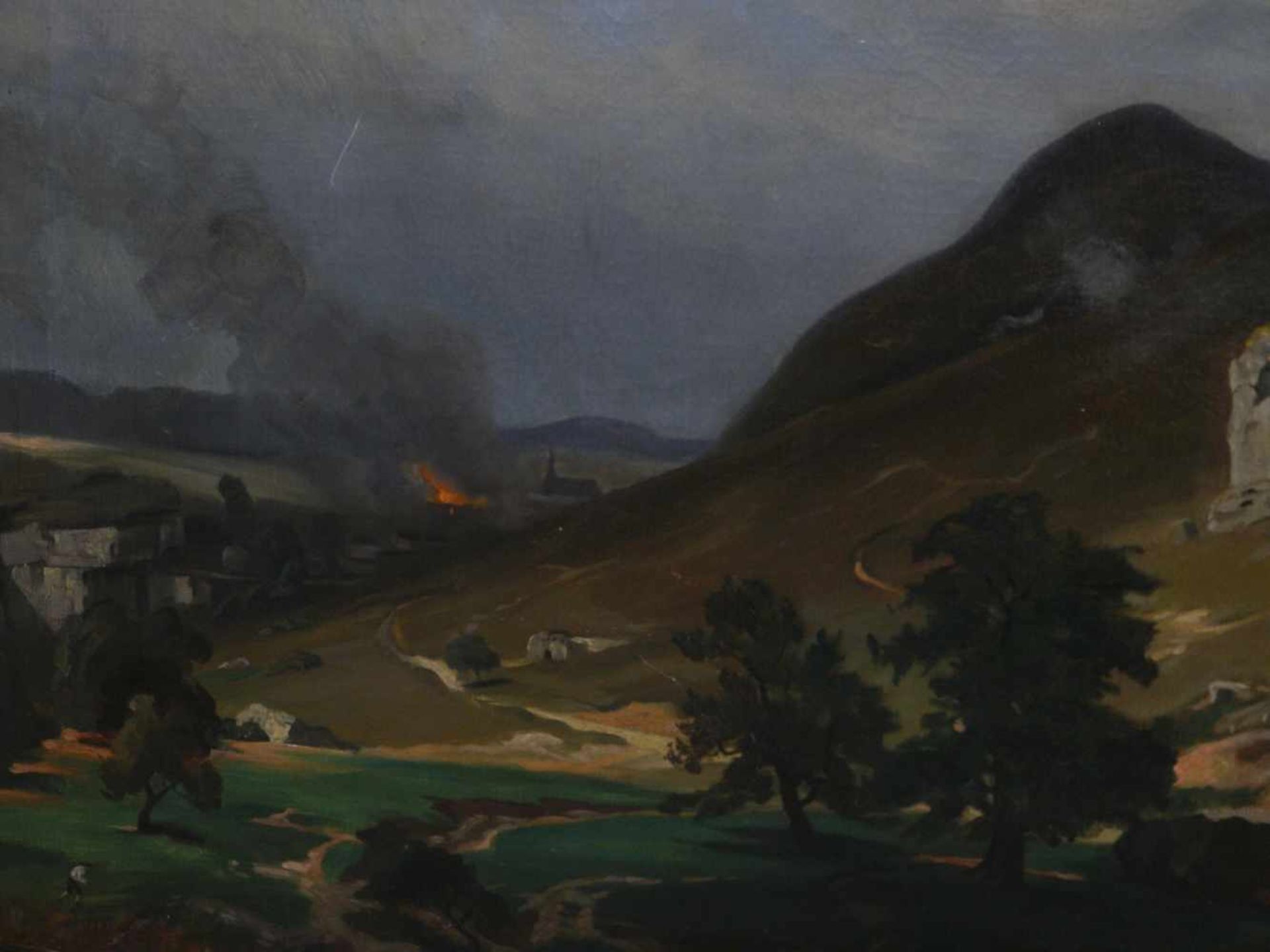 Sig. R. Hellmann - SonnwendfeuerGroßformatiges Gemälde, wohl im schroffen Gebirge der Dolomiten. - Bild 4 aus 7