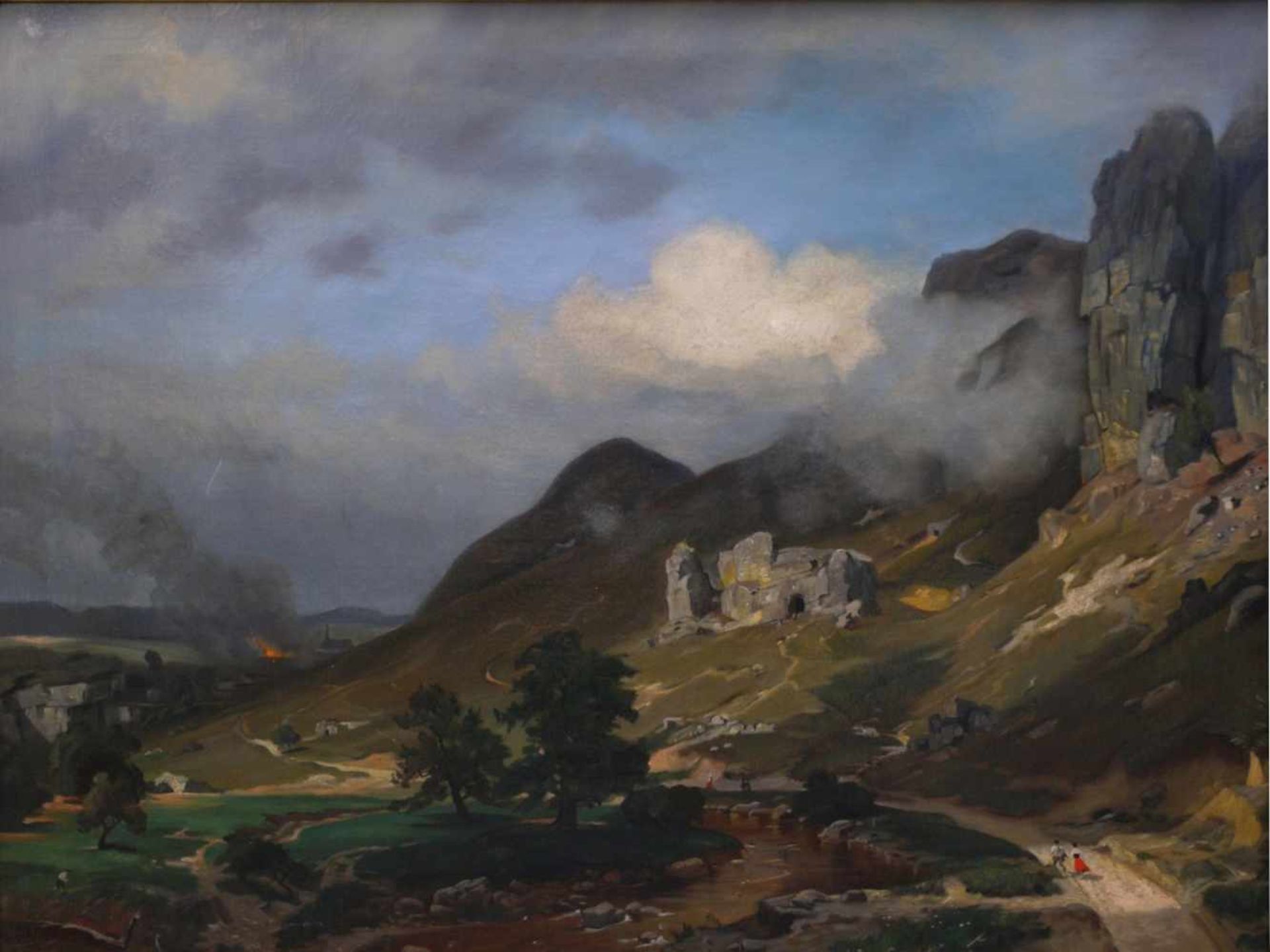 Sig. R. Hellmann - SonnwendfeuerGroßformatiges Gemälde, wohl im schroffen Gebirge der Dolomiten. - Bild 2 aus 7