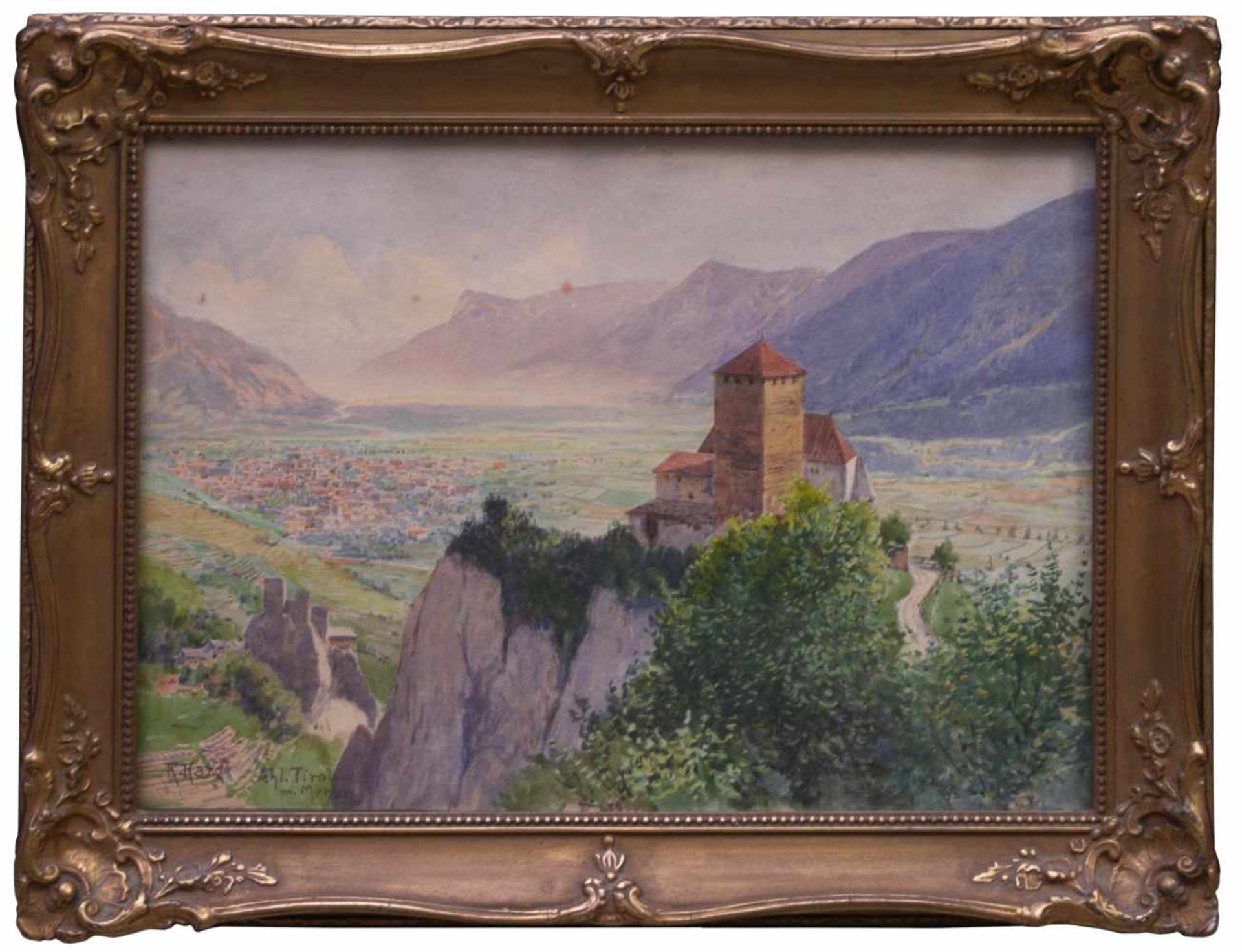 Kargl, Rudolf (1878-1942) - Schloss Tirol mit MeranKleines Querformat, hinter der charakteristischen