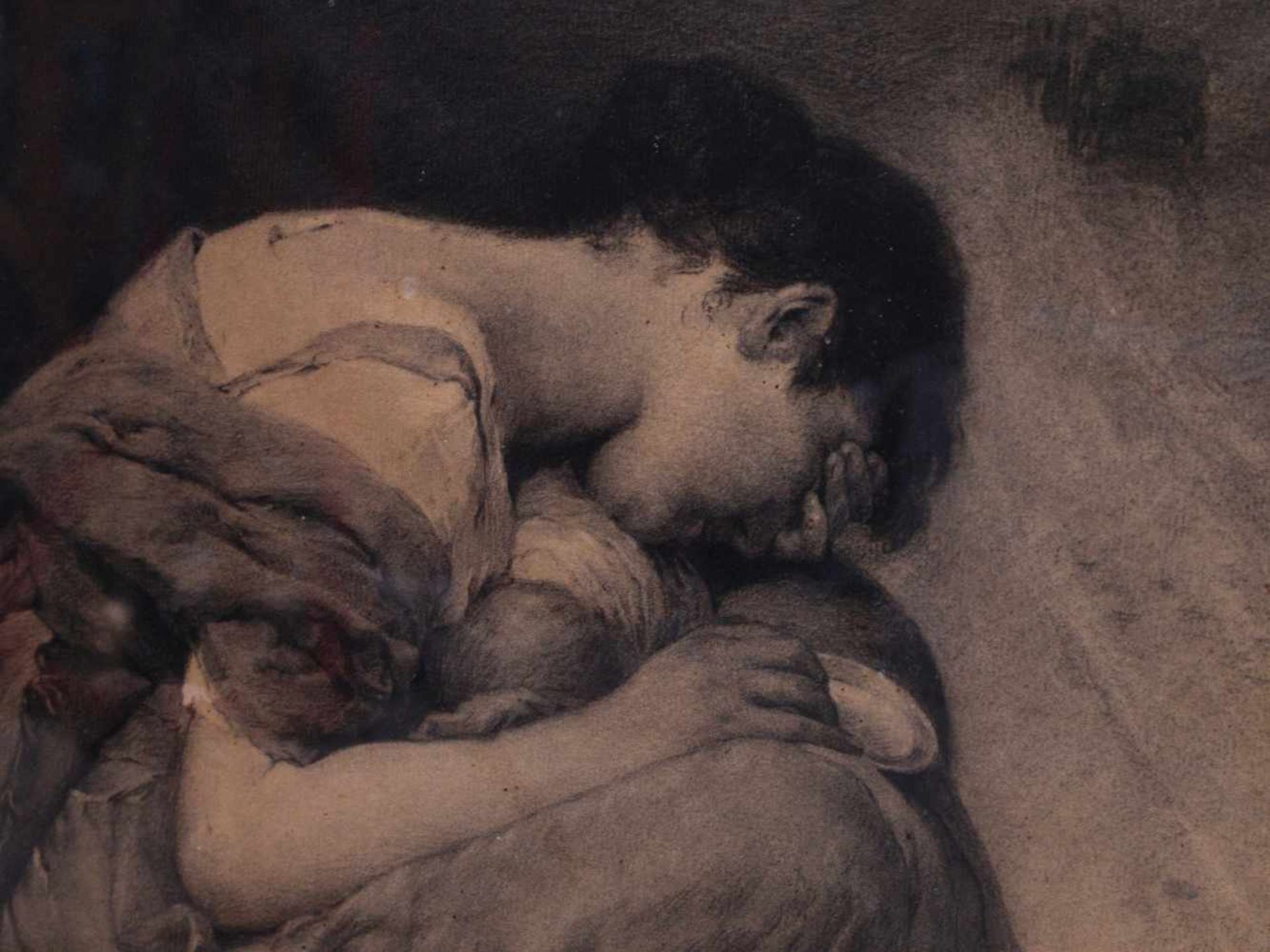 Unsigniert - Bettlerin Kohlezeichnung um 1900Melancholische Darstellung einer weinenden Frau, die in - Bild 3 aus 3