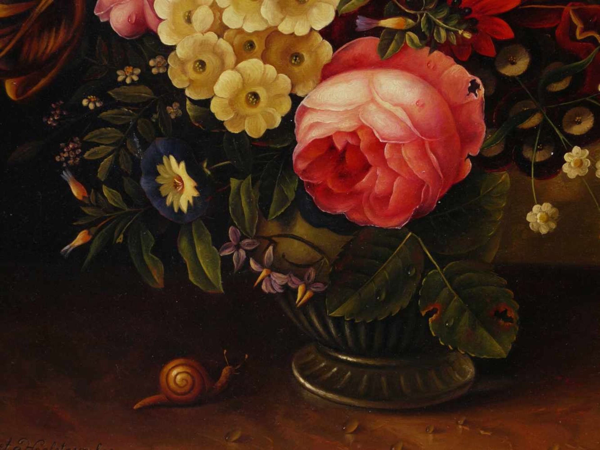 Holstayn, Josef (1930-?) - BlumenstückFeinste Malerei in typischer Manier des Künstler. Meisterhafte - Bild 4 aus 10