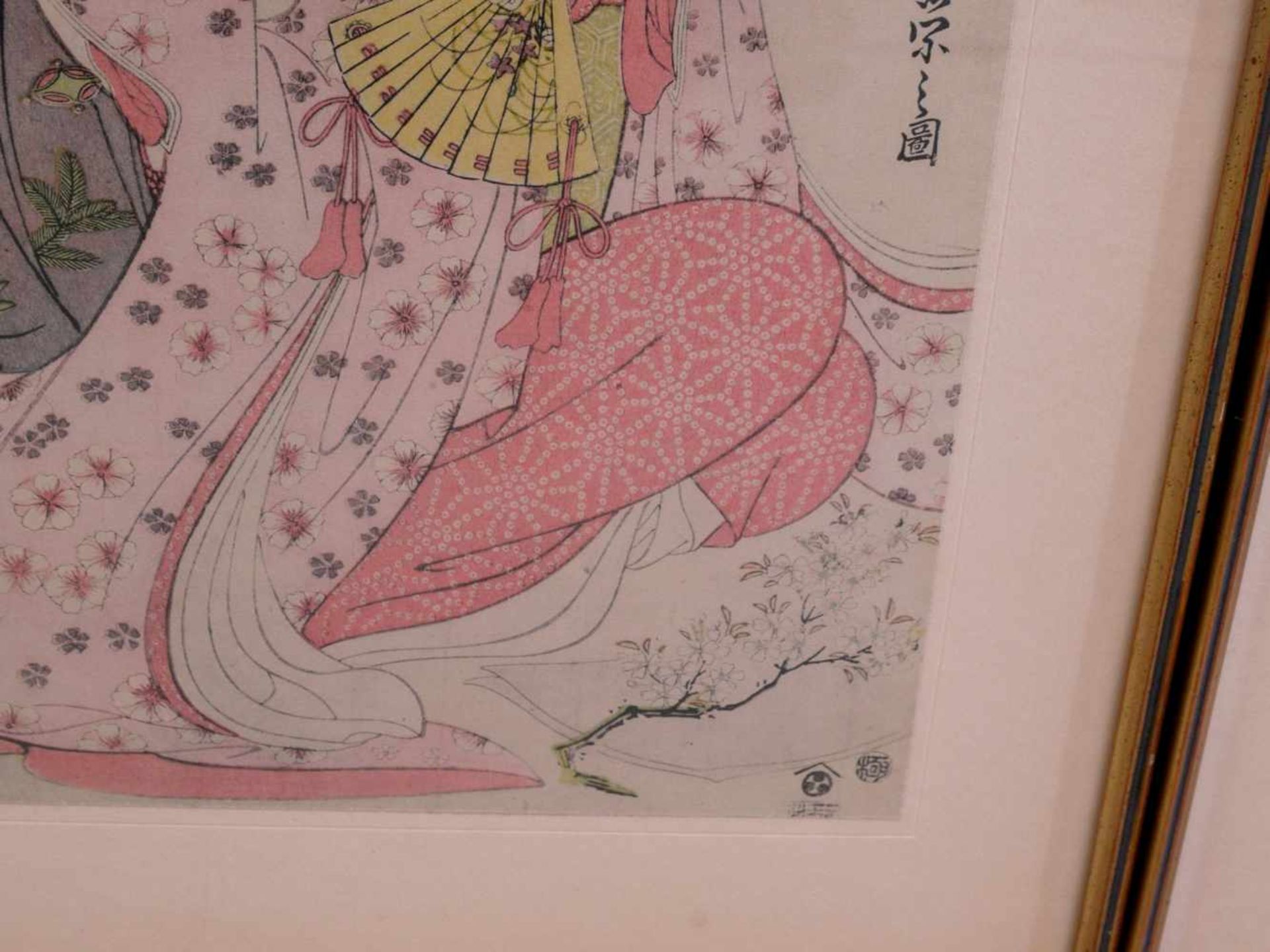3 japanische ukiyo-e Holzdrucke 19. Jhd.Interieurdarstellungen mit jungen Mädchen beim Zeitvertreib. - Bild 6 aus 8