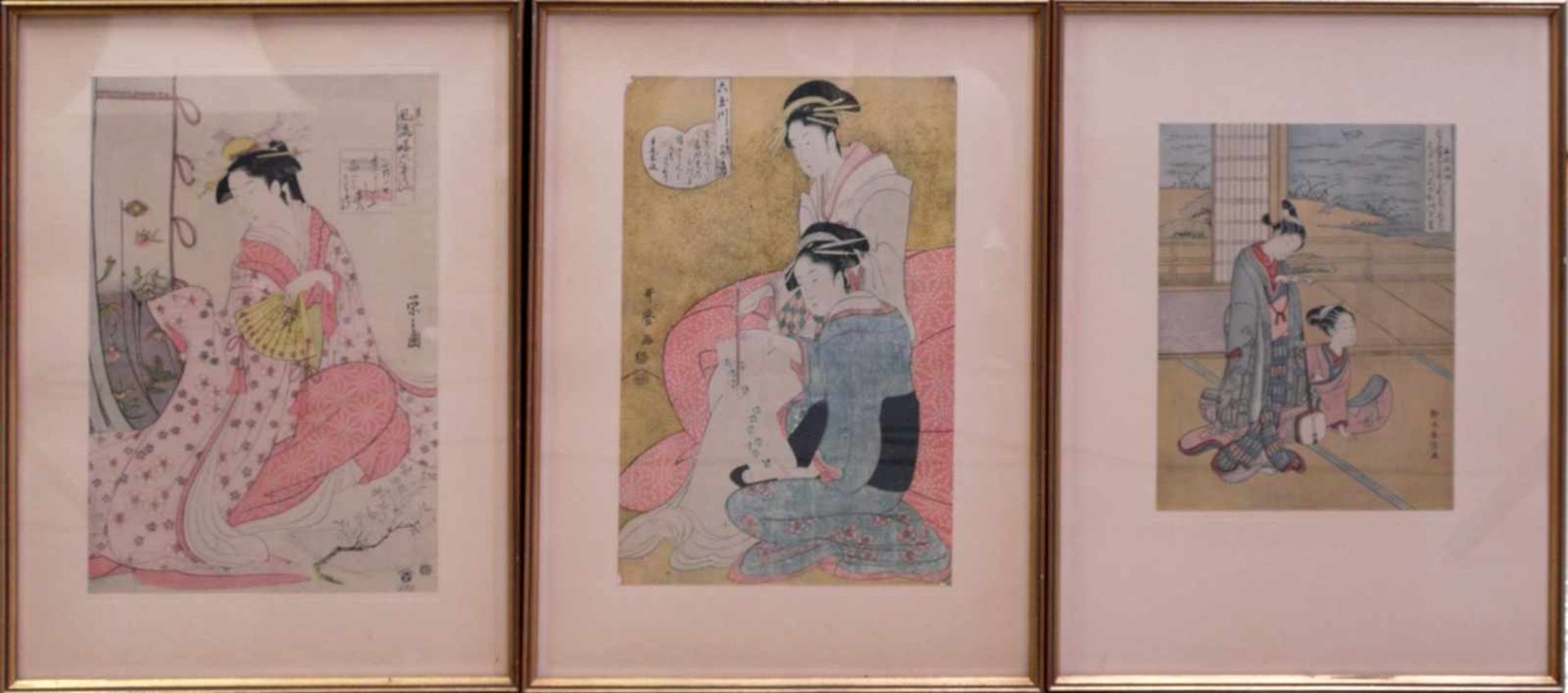 3 japanische ukiyo-e Holzdrucke 19. Jhd.Interieurdarstellungen mit jungen Mädchen beim Zeitvertreib.