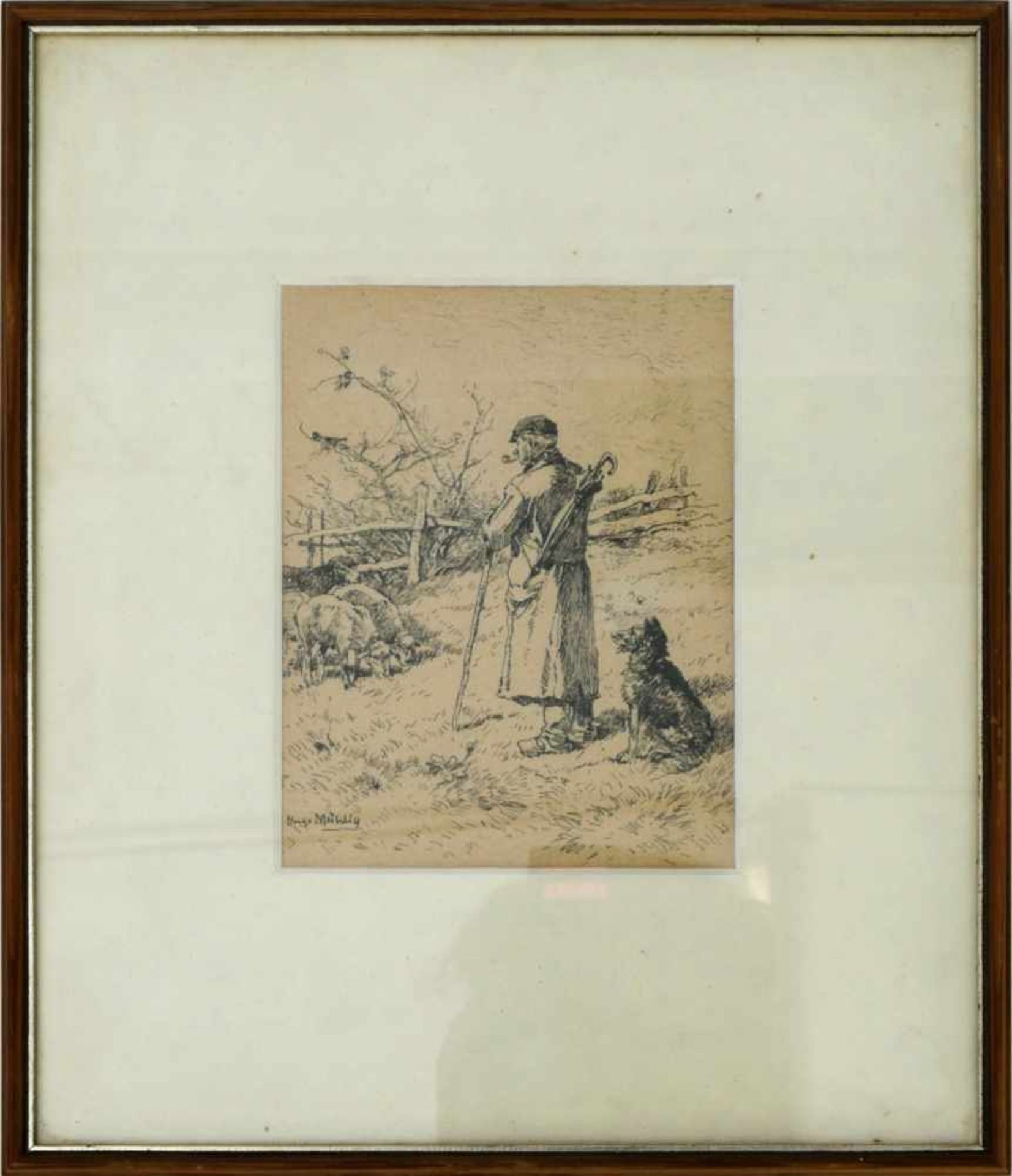 Mühlig, Hugo (1854-1929) - Tuschezeichnung HirteAuf gebräuntem Papier in feinem Strich gefertigte
