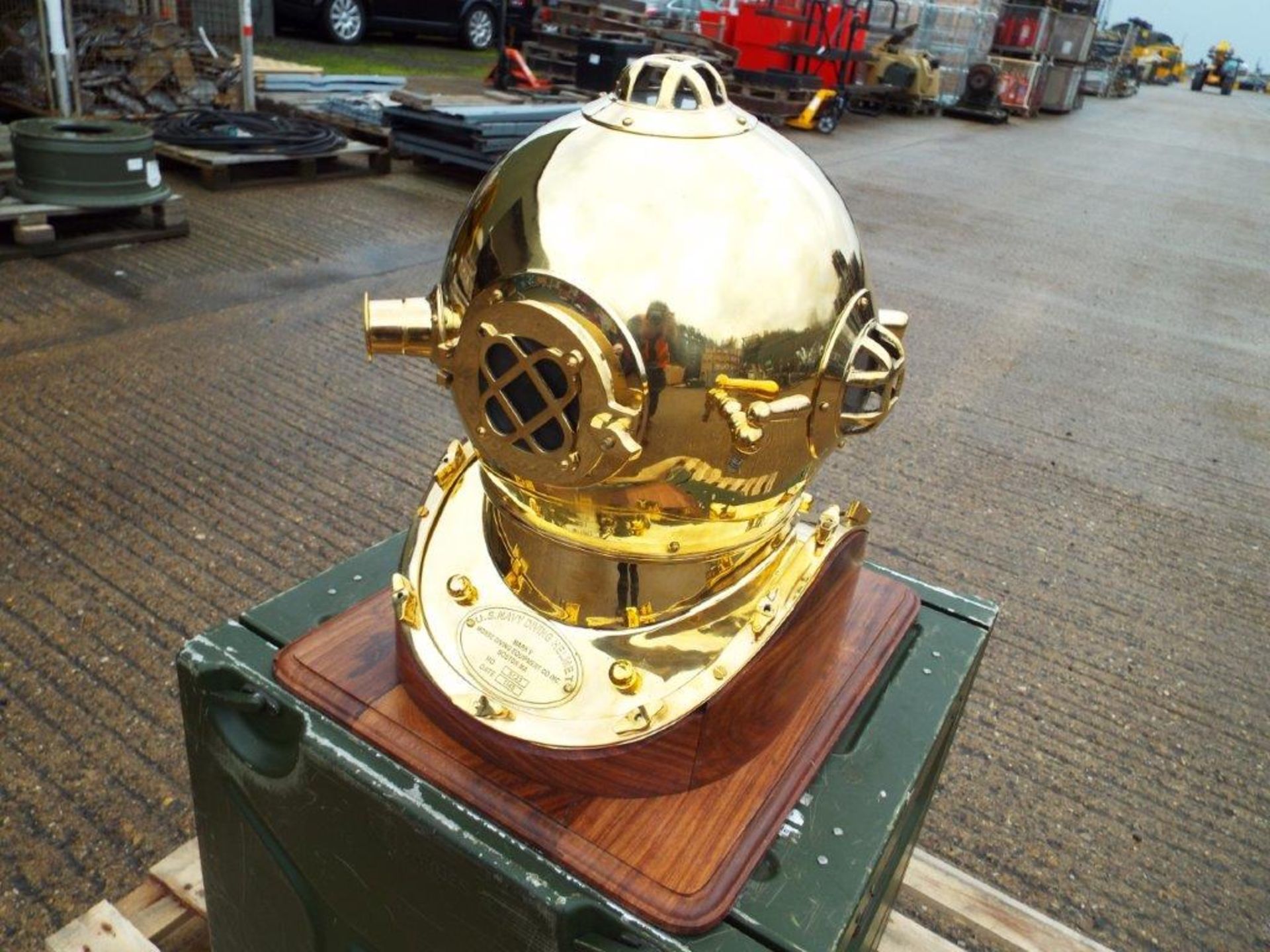 Replica Full Size U.S. Navy Mark V Brass Diving Helmet on Wooden Display Stand.