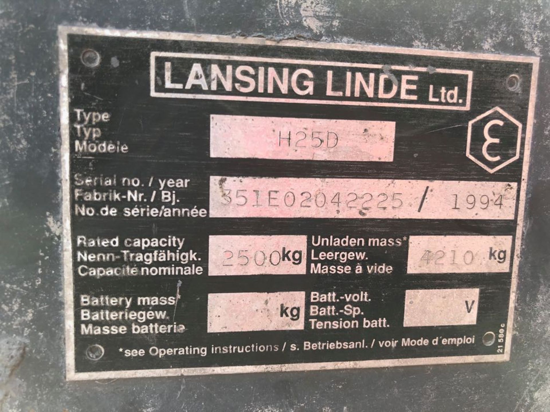 LANSING LINDE H25D 1994 FORKLIFT, SHOWING 394 HOURS (UNVERIFIED) *PLUS VAT* - Image 6 of 7