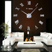 3D DIY EXTRA LARGE NUMERALS LUXURY MIRROR WALL CLOCK SILVER *PLUS VAT*
