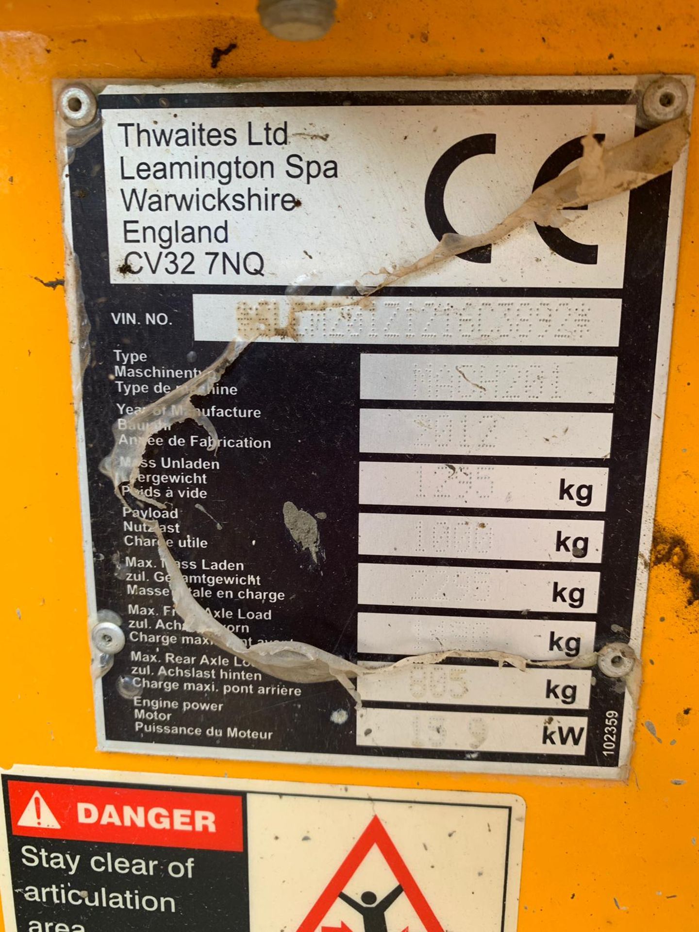 2012 THWAITES 1 TONNE HI-TIP DUMPER, SHOWING 1199 HOURS (UNVERIFIED) *PLUS VAT* - Image 9 of 9