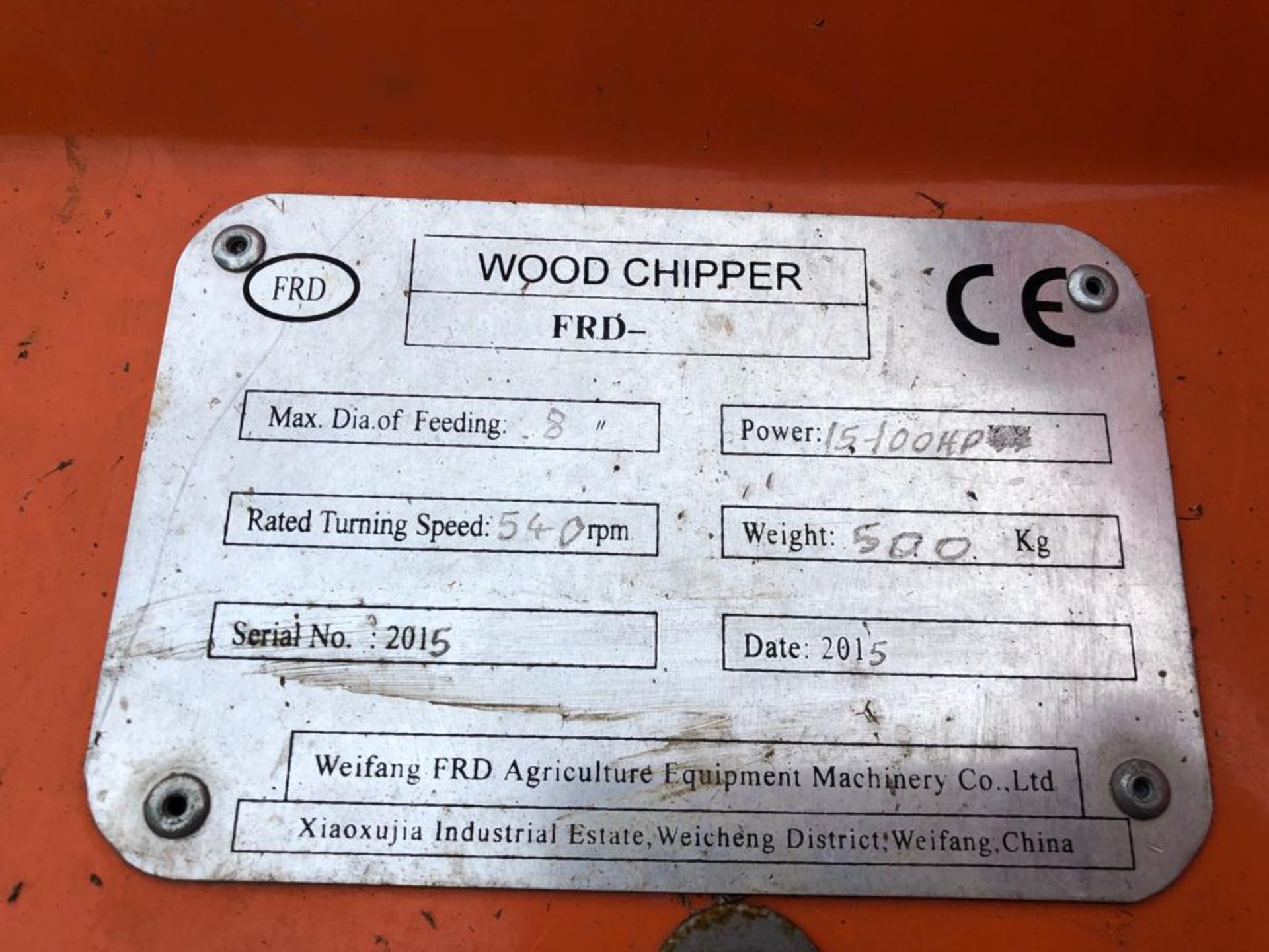 2015 ORANGE WOODCHIPPER, 500 KG, 8" DIAM OF FEEDING *PLUS VAT* - Image 6 of 6