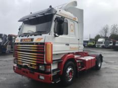 1990/G REG SCANIA 143 470 4X2 V8 TRACTOR UNIT WHITE/RED DIESEL MANUAL GEARBOX TWIN TANKS *PLUS VAT*